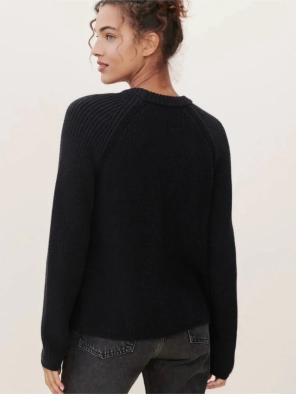 Jenni Kayne Fisherman Sweater Med Black Cotton Chunky Knit Crew Pullover Minimal